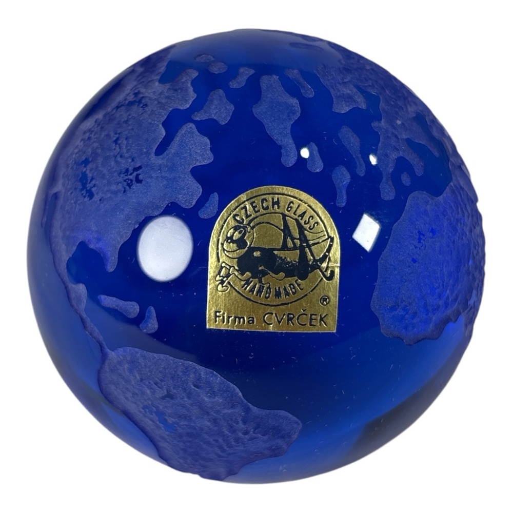 Firma CVRCEK Czech Art Glass Etched Blue World Globe Earth 2.5” 7cm Paperweight